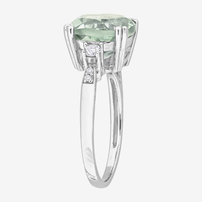 Womens Diamond Accent Genuine Green Quartz 10K White Gold Cushion Cocktail Ring