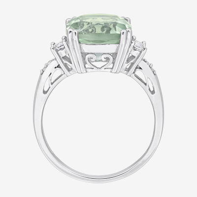 Womens Diamond Accent Genuine Green Quartz 10K White Gold Cushion Cocktail Ring