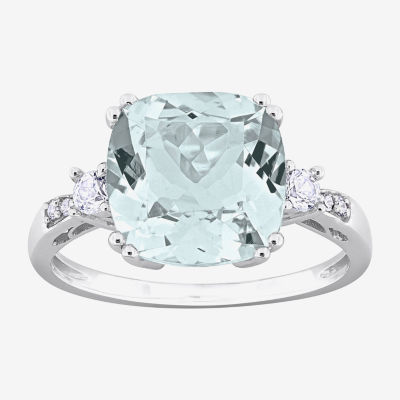 Womens Diamond Accent Genuine Blue Aquamarine 10K White Gold Cushion Cocktail Ring