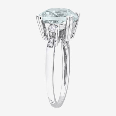 Womens Diamond Accent Genuine Blue Aquamarine 10K White Gold Cushion Cocktail Ring