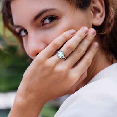 Womens Diamond Accent Genuine Blue Aquamarine 10K White Gold Cushion Cocktail Ring