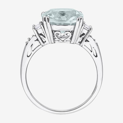 Womens Diamond Accent Genuine Blue Aquamarine 10K White Gold Cushion Cocktail Ring