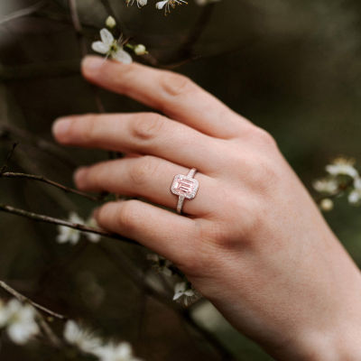 Womens Diamond Accent Genuine Pink Morganite Sterling Silver Halo Cocktail Ring