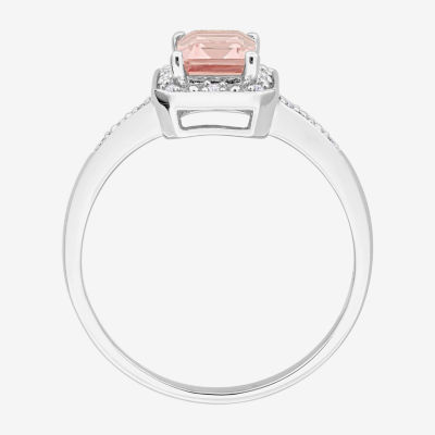 Womens Diamond Accent Genuine Pink Morganite Sterling Silver Halo Cocktail Ring