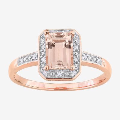 Womens Diamond Accent Genuine Pink Morganite 18K Rose Gold Over Silver Halo Cocktail Ring