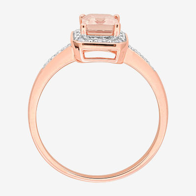 Womens Diamond Accent Genuine Pink Morganite 18K Rose Gold Over Silver Halo Cocktail Ring