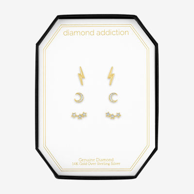 Diamond Addiction Diamond-Accent Natural Diamond 14K Gold Over SIlver or Sterling SIlver LIghtning Bolt Moon Star 3 Pair Earring Set