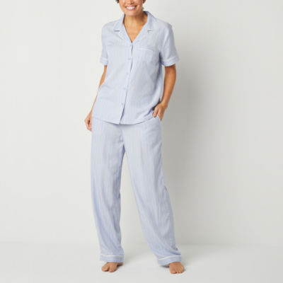 Liz Claiborne Womens Poplin Short Sleeve 2-pc. Pant Pajama Set