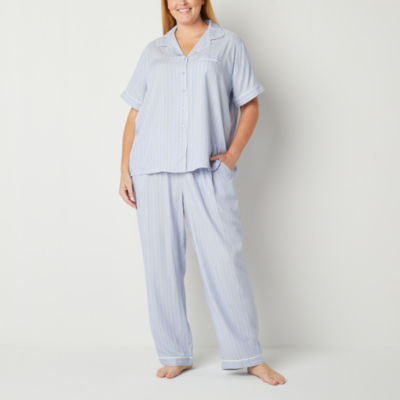 Liz Claiborne Womens Plus Poplin Short Sleeve 2-pc. Pant Pajama Set