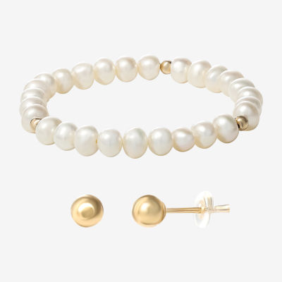 Dyed White Cultured Freshwater Pearl 14K Gold Stretch Bracelet