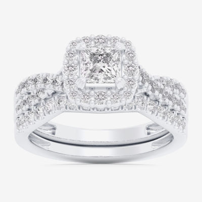 G-H / Si1-Si2) Womens / CT. T.W. Lab Grown White Diamond 10K Gold Cushion Side Stone Halo Bridal Set