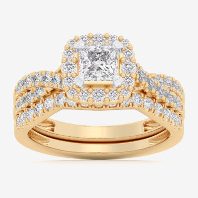 G-H / Si1-Si2) Womens / CT. T.W. Lab Grown White Diamond 10K Gold Cushion Side Stone Halo Bridal Set