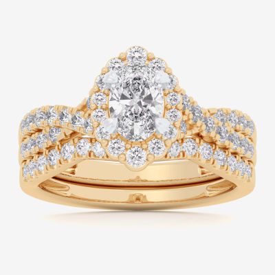 G-H / Si1-Si2) Womens / CT. T.W. Lab Grown White Diamond 10K Gold Oval Side Stone Halo Bridal Set