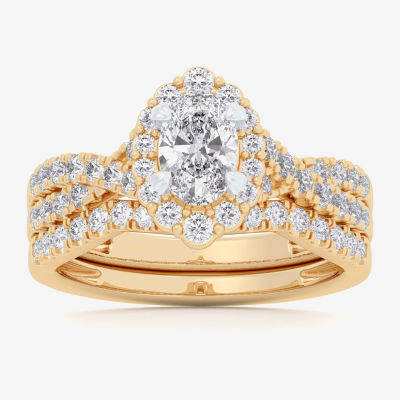 (G-H / Si1-Si2) Womens 1 1/3 CT. T.W. Lab Grown White Diamond 10K Gold Oval Side Stone Halo Bridal Set