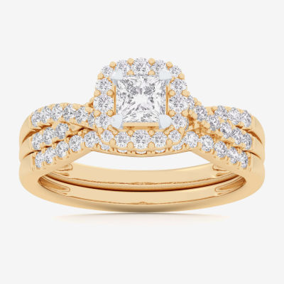 Signature By Modern Bride (G-H / Si1-Si2) Womens 7/8 CT. T.W. Lab Grown White Diamond 10K Gold Cushion Side Stone Halo Bridal Set