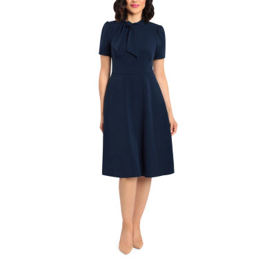 London Style Petite Short Sleeve Fit + Flare Dress, Color: Navy - JCPenney