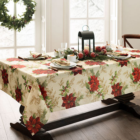 Elrene Home Fashions Festive Poinsettia Tablecloth, One Size, Red