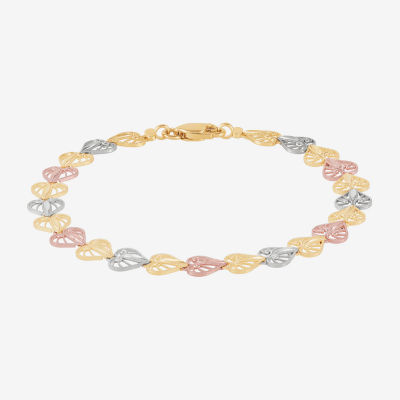 14K Tri-Color Gold 7.5 Inch Solid Link Heart Link Bracelet