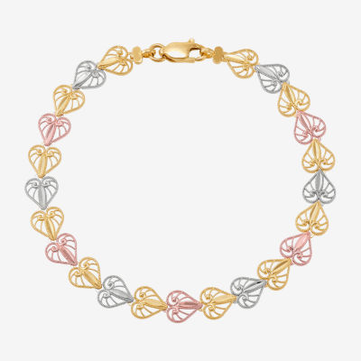 14K Tri-Color Gold 7.5 Inch Solid Link Heart Link Bracelet