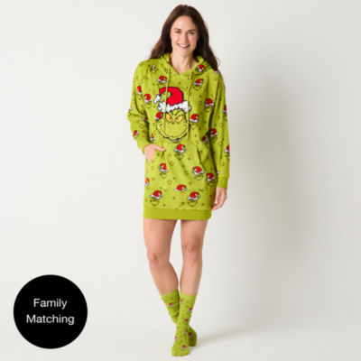 Womens Dr. Seuss Grinch Fleece Long Sleeve Hooded Nightshirt