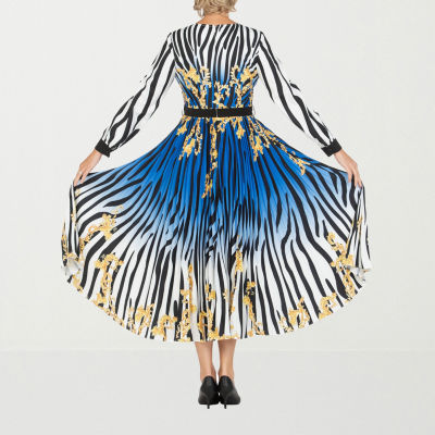 Giovanna Signature Womens Long Sleeve Abstract Midi Fit + Flare Dress Plus