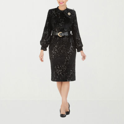 Giovanna Signature Womens Plus Long Sleeve Sequin Shift Dress