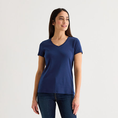 St. John's Bay Womens V Neck Short Sleeve T-Shirt, Petite Large, Blue