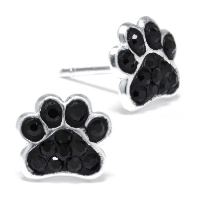 Silver Treasures Paw Print Black Crystal Stud Earrings