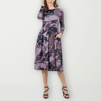 24seven Comfort Apparel Long Sleeve Floral Midi Fit + Flare Dress