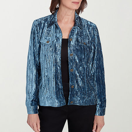 Alfred Dunner Harvest Moon Velvet Lightweight Bomber Jacket, Petite Medium, Blue