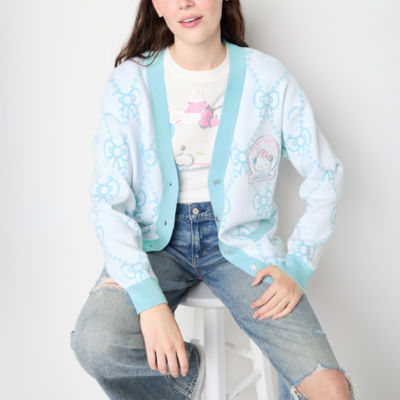 Juniors Hello Kitty  Snow Angel Fairaisle Cardigan Womens V Neck Long Sleeve Button Diamond