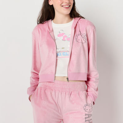 Juniors Hello Kitty  Snow Angel Velour Cropped Full Zip Hoddie Womens Long Sleeve Hello Kitty Zipper Hoodie