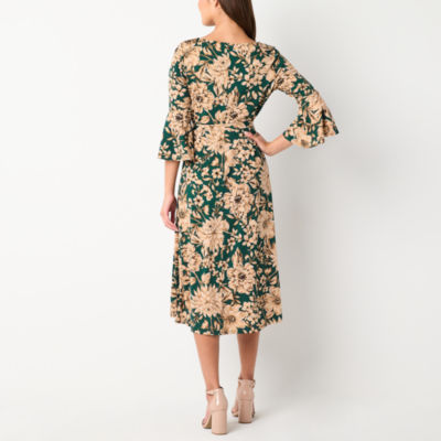 Perceptions Womens 3/4 Sleeve Floral Fit + Flare Dress