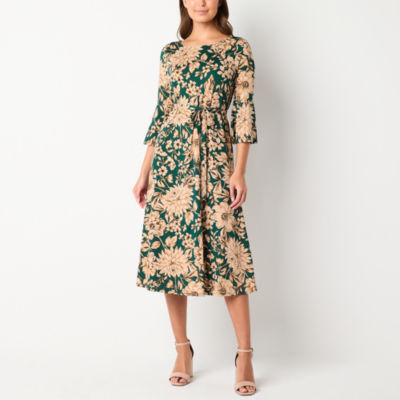 Perceptions Womens 3/4 Sleeve Floral Fit + Flare Dress