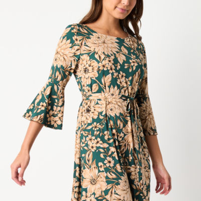 Perceptions Womens 3/4 Sleeve Floral Fit + Flare Dress