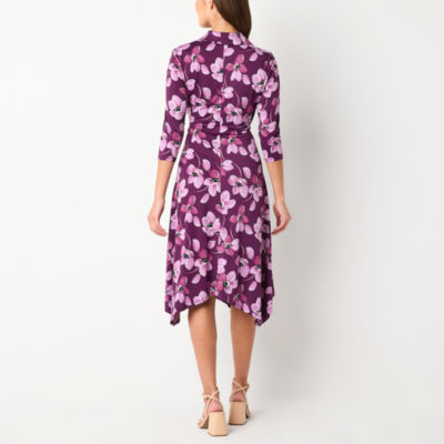 Perceptions Womens 3/4 Sleeve Floral Midi Fit + Flare Dress