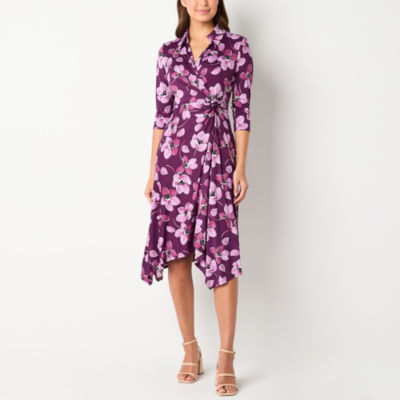 Perceptions Womens 3/4 Sleeve Floral Midi Fit + Flare Dress