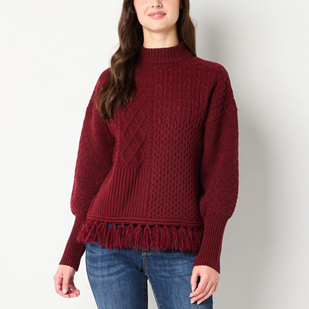 Frye and Co. Fringe Womens Round Neck Long Sleeve Pullover Sweater, Medium, Red