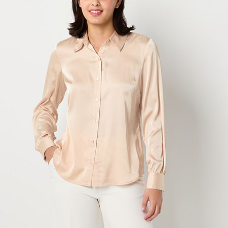 by&by Juniors Womens Long Sleeve Regular Fit Button-Down Shirt, Small, Beige