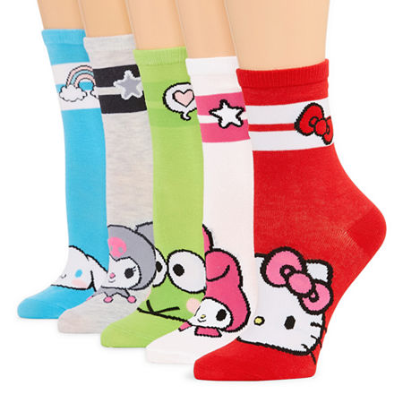 Licensed Properties Womens 5 Pair Hello Kitty Crew Socks In Green