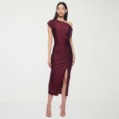Premier Amour One Shoulder Womens Short Sleeve Midi Sheath Dress
