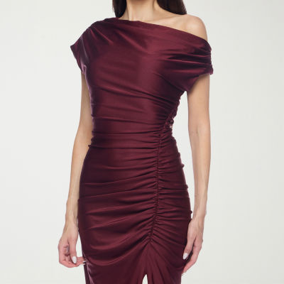 Premier Amour One Shoulder Womens Short Sleeve Midi Sheath Dress