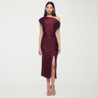 Premier Amour One Shoulder Womens Short Sleeve Midi Sheath Dress