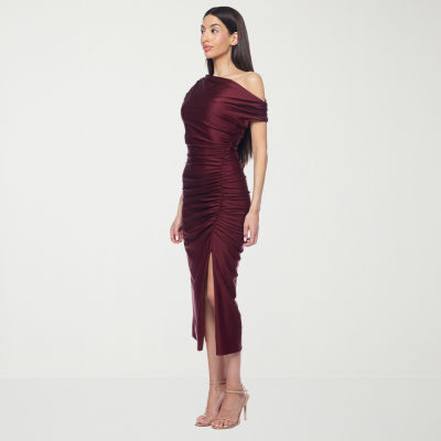 Premier Amour One Shoulder Womens Short Sleeve Midi Sheath Dress