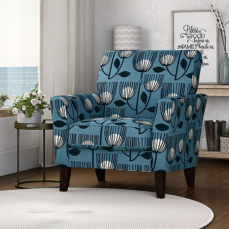 Alex Transitional Flared Arm Accent Chair In Floral Fabric, One Size, Blue