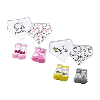Baby Mode Baby Boys and Girls 8 PC Bibs and Socks Set, Pink, 0-6 Months, Cotton
