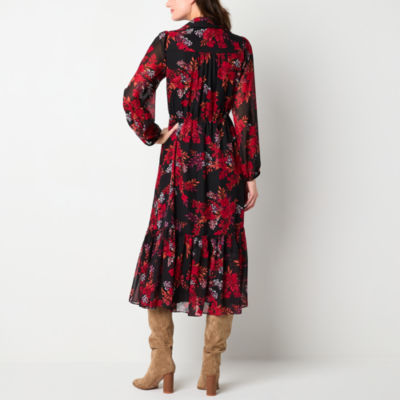 Studio 1 Womens Long Sleeve Floral Midi Fit + Flare Dress