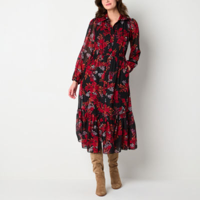 Studio 1 Womens Long Sleeve Floral Midi Fit + Flare Dress