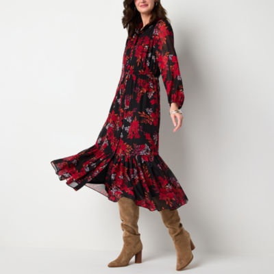 Studio 1 Womens Long Sleeve Floral Midi Fit + Flare Dress