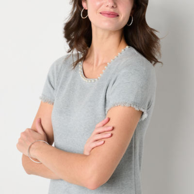 Studio 1 Womens Short Sleeve Embellished Pearl Trim Sweater Dress